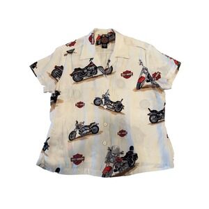 Harley-Davidson Shirt Women's Large‎ Beige Silk Printed Notch Lapel Button-Up